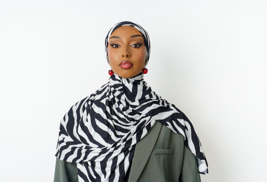 Woman wearing Wild Zebra printed jersey hijab