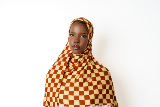 Checkmate printed jersey hijab by MAISSÉ