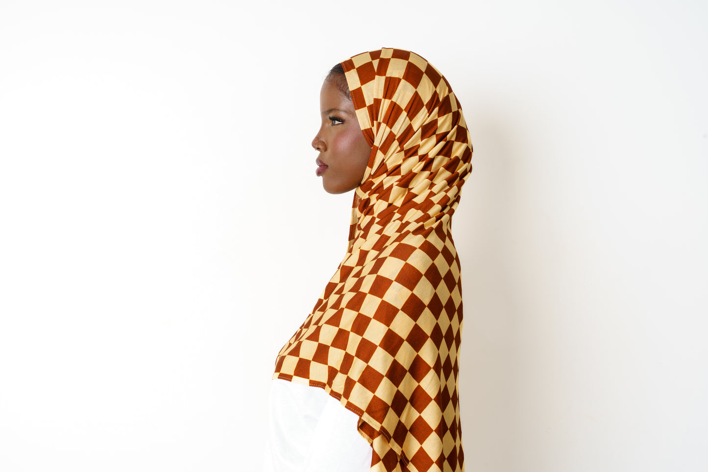 Side view of Checkmate printed jersey hijab