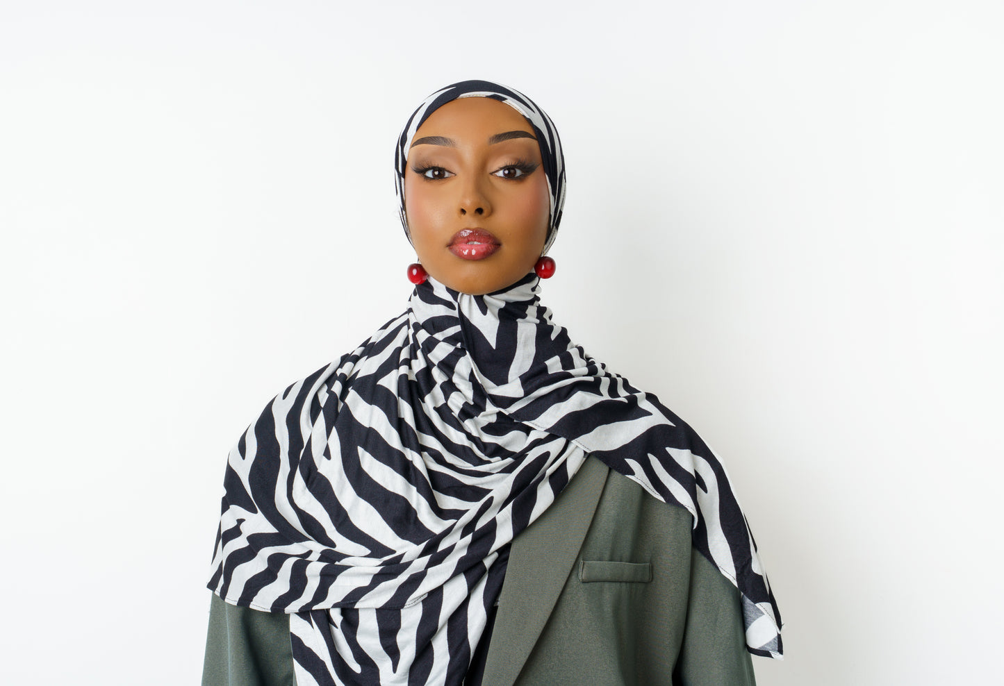 Woman wearing Wild Zebra printed jersey hijab