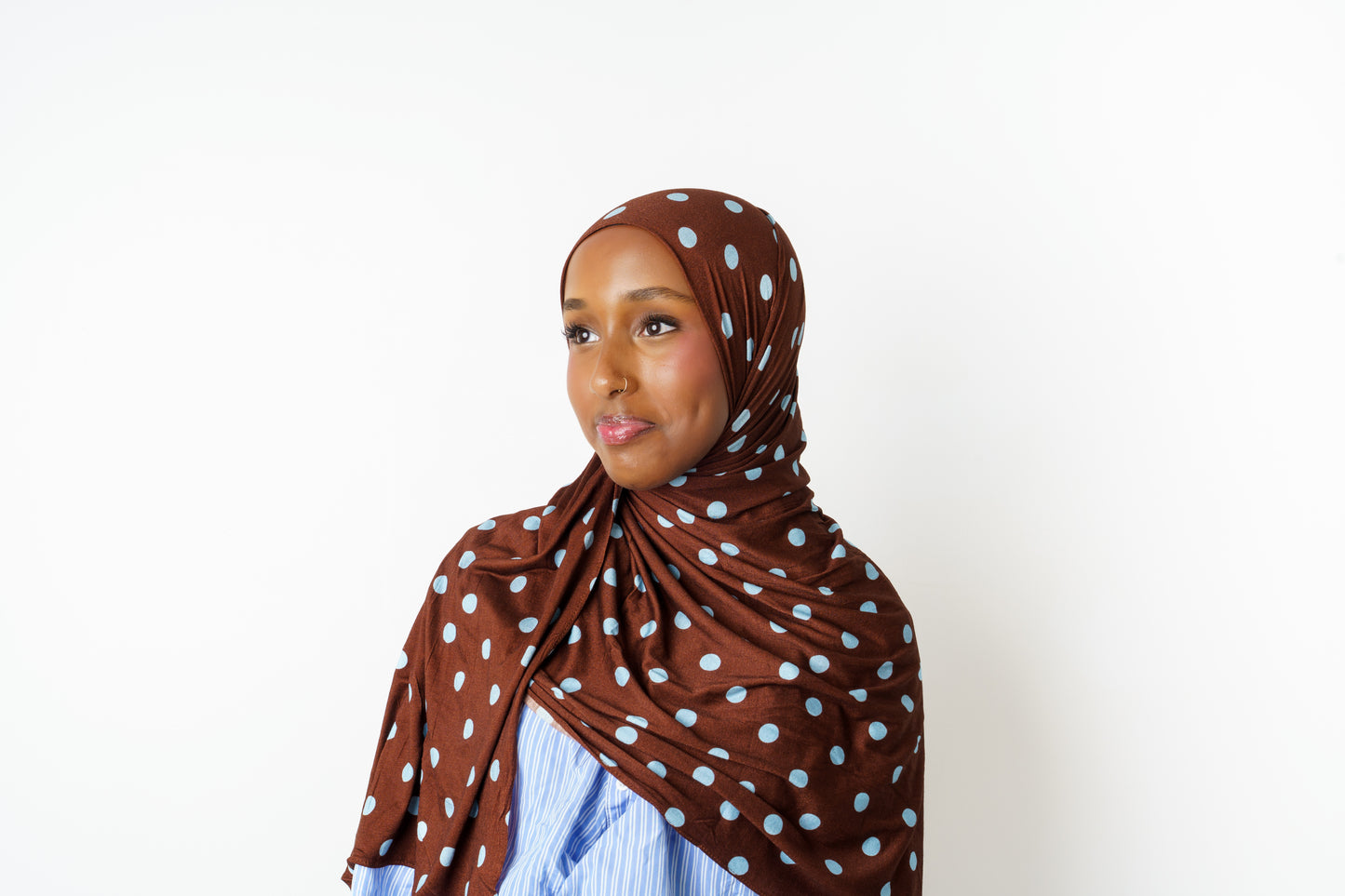 Bluebell printed jersey hijab with brown and baby blue polka dot print