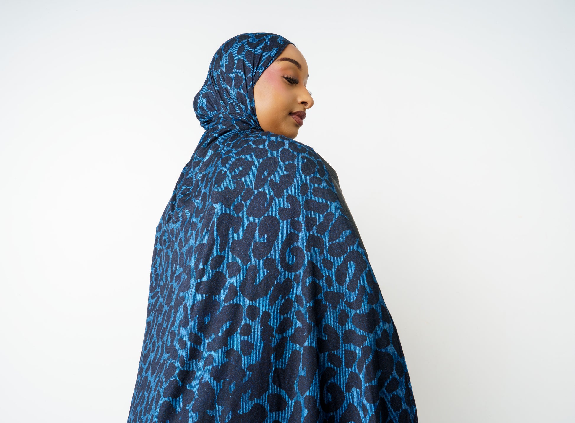 Close-up of Ink Crush blue leopard print jersey hijab